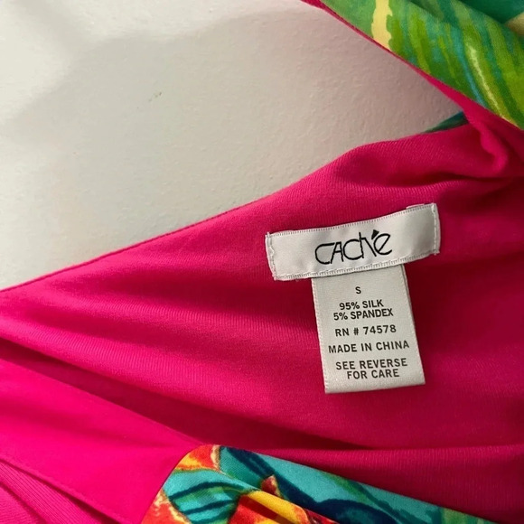 Cache y2k vintage silk one shoulder tropical print top vacation resort floral - Picture 3 of 6